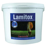 White plastic bucket of osmonds lamitox helps maintain healthy laminae for horses prone to laminitis