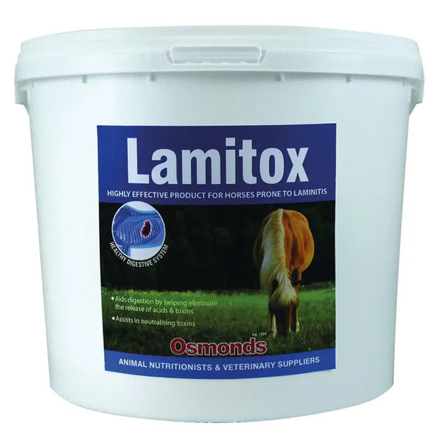 White plastic bucket of osmonds lamitox helps maintain healthy laminae for horses prone to laminitis