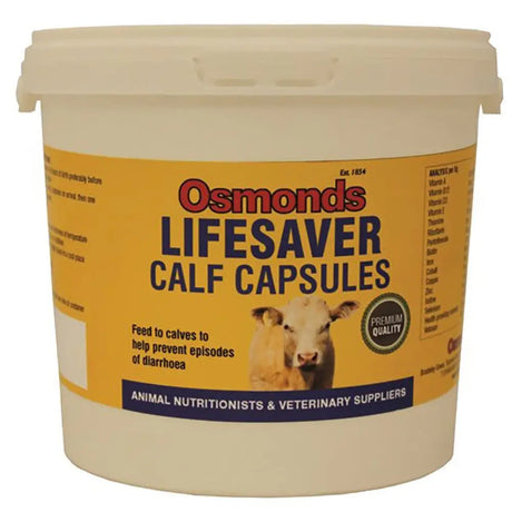 A white plastic bucket with a yellow osmonds lifesaver calf label containing double strength health providing nutrients