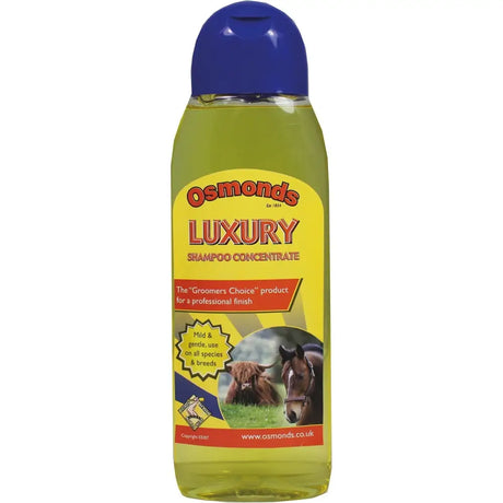Osmonds luxury shampoo concentrate in a clear bottle with blue cap and yellow label holds greenish-yellow liquid