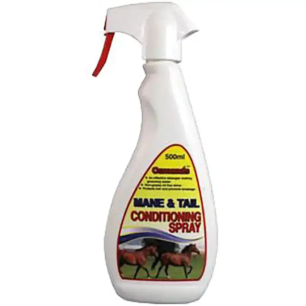 White plastic spray bottle with red trigger of osmonds mane tail conditioning spray by equine for oil free shine