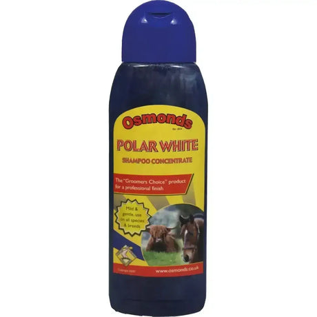 Blue plastic bottle of osmonds polar white high quality concentrated shampoo with yellow label and blue cap