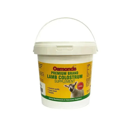 White plastic bucket with yellow label of osmonds premium brand lamb colostrum supplement featuring a lamb image