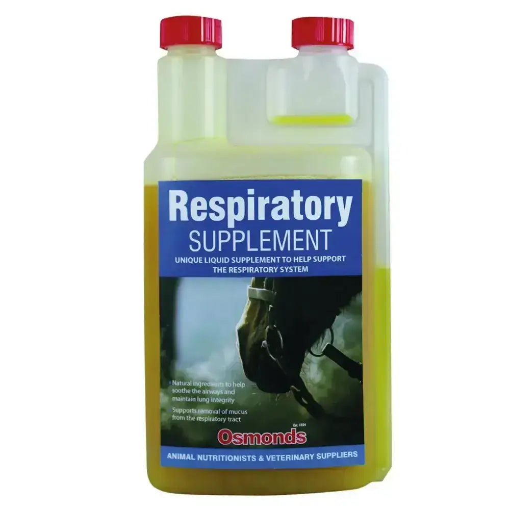 A clear plastic bottle with two red caps containing yellow liquid osmonds respiratory supplement for performance horses