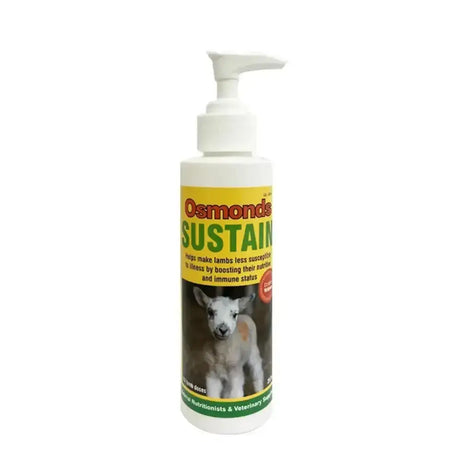 White plastic bottle with pump labeled osmonds sustain for healthy newborn lambs and lambs nutrient intake supplement