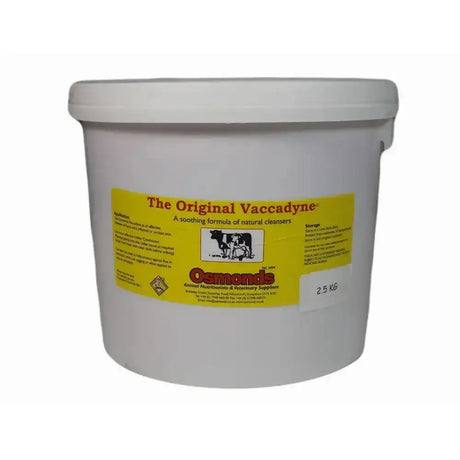 White plastic bucket with yellow label of osmonds vaccadyne original formulation for cleaning use