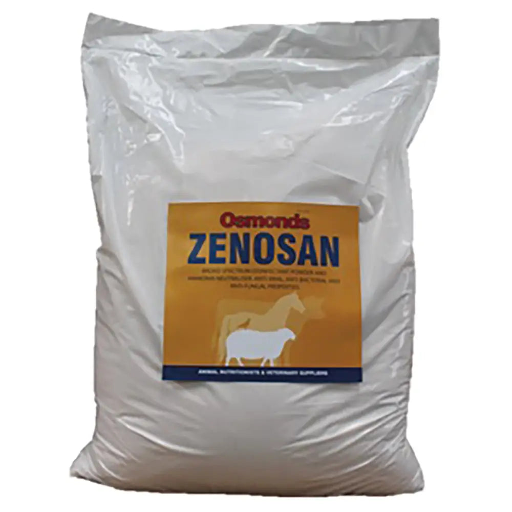 A white resealable plastic bag of osmonds zenosan broad-spectrum powdered disinfectant for horses and sheep