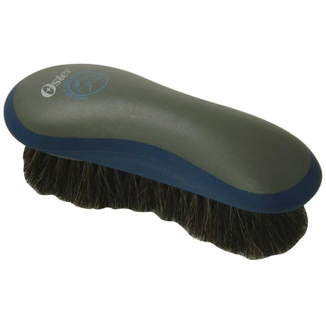 Oster hair finishing brush with dark green and blue ergonomic handle and dense black horse hair bristles for grooming