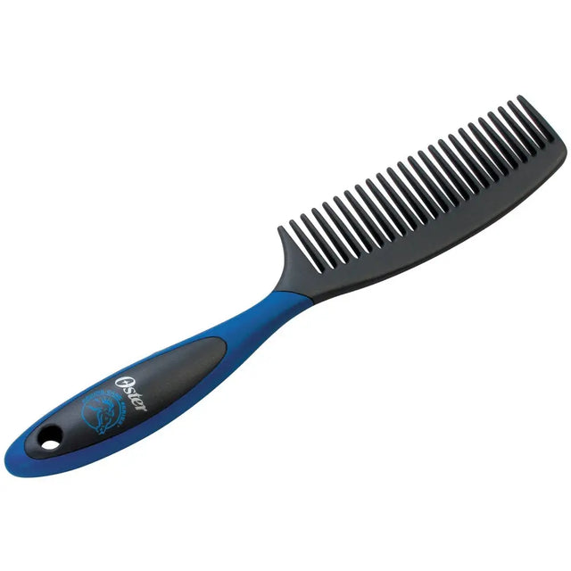 Blue and black oster mane & tail comb with a sleek ergonomic handle for control touch reduces hand fatigue and easier combing results