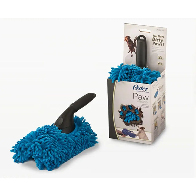 Blue oster paw cleaner with black handle and plush microfiber head featuring a versatile 5-in-1 tool design
