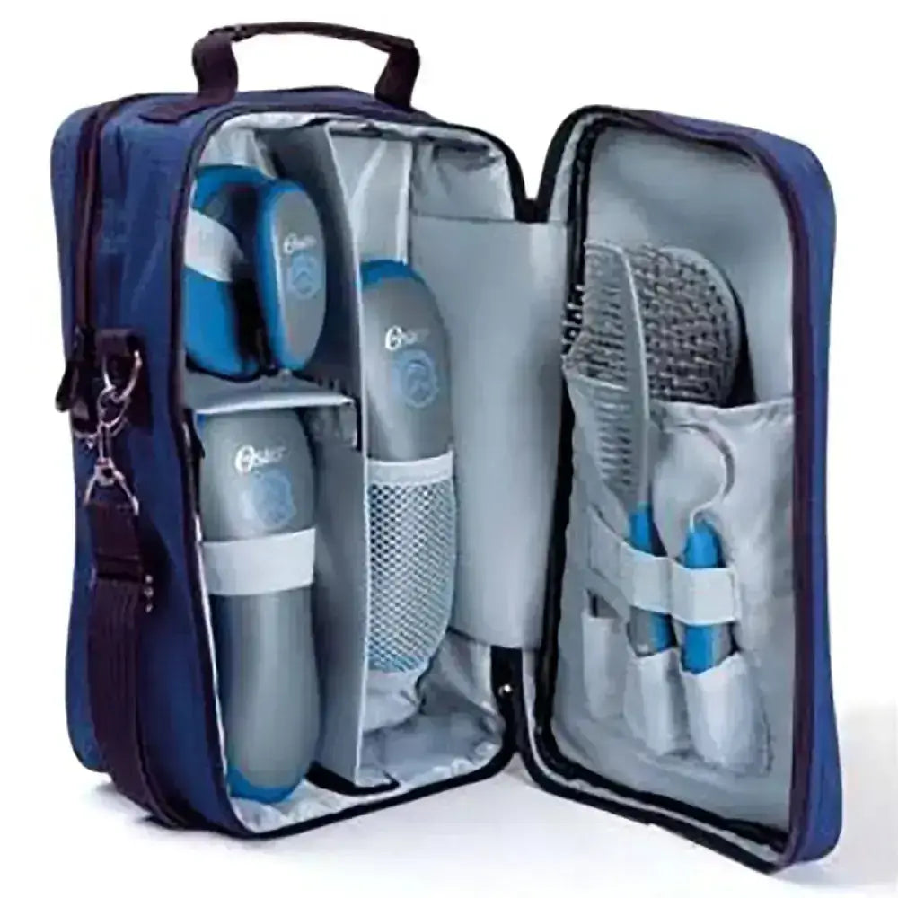 Oster seven piece grooming kit with gray and blue electric pet brush, coarse curry comb, and stiff grooming brush neatly organized