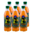 Six clear plastic bottles of ostlers cider organic cider vinegar with mother featuring green caps and orange tree labels from north devon