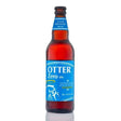 A brown glass bottle of otter zero ipa beer with a blue label, white text, otter illustration, and black lid