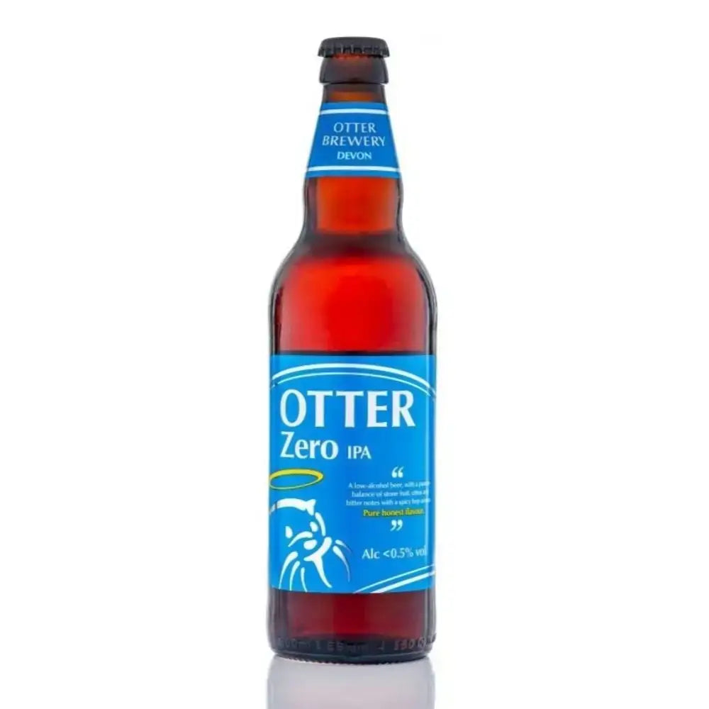 A brown glass bottle of otter zero ipa beer with a blue label, white text, otter illustration, and black lid