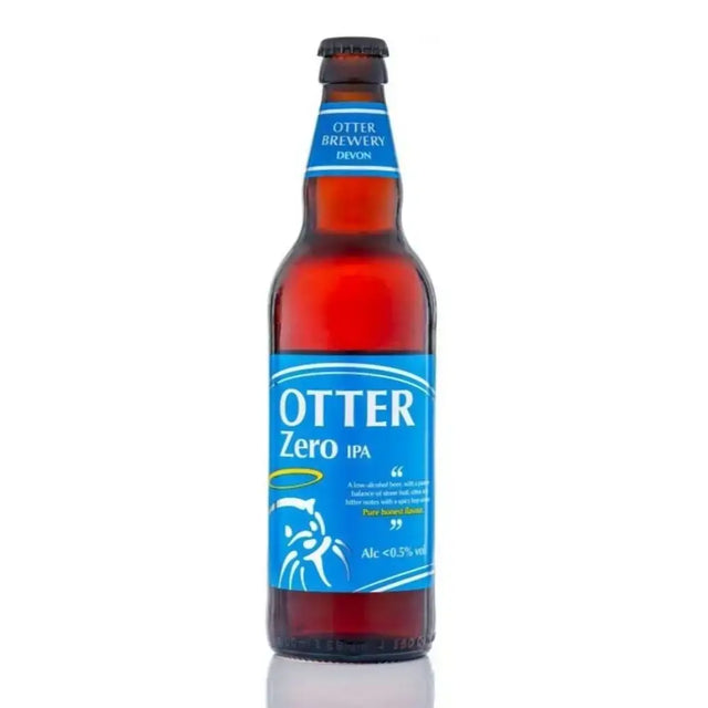 A brown glass bottle of otter zero ipa beer with a blue label, white text, otter illustration, and black lid
