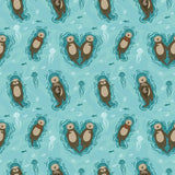 Cute brown sea otters floating in light teal water with white jellyfish on the otterly lovely 5ft dog lead pattern