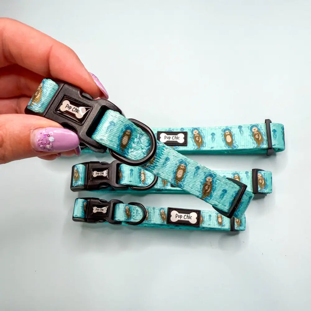 Teal aqua-blue adjustable lovely dog collar with playful otter pattern and pup chic brand label otterly lovely dog accessory