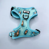A light blue otterly lovely step-in dog harness with sea otter print, black hardware, adjustable straps for pup chic style