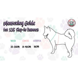 Otterly lovely step-in adjustable dog harness measuring guide with a line drawing of an alaskan malamute pup chic design