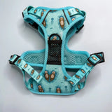 Turquoise otterly lovely tactical dog harness with brown otters jellyfish pattern black mesh and adjustable straps for close control busy areas