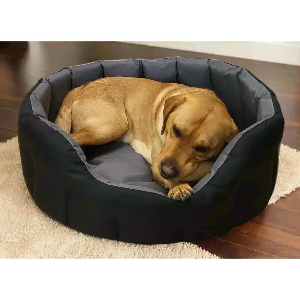 Black and gray plush country dog tough heavy duty oval waterproof dog bed with cozy rounded high sides