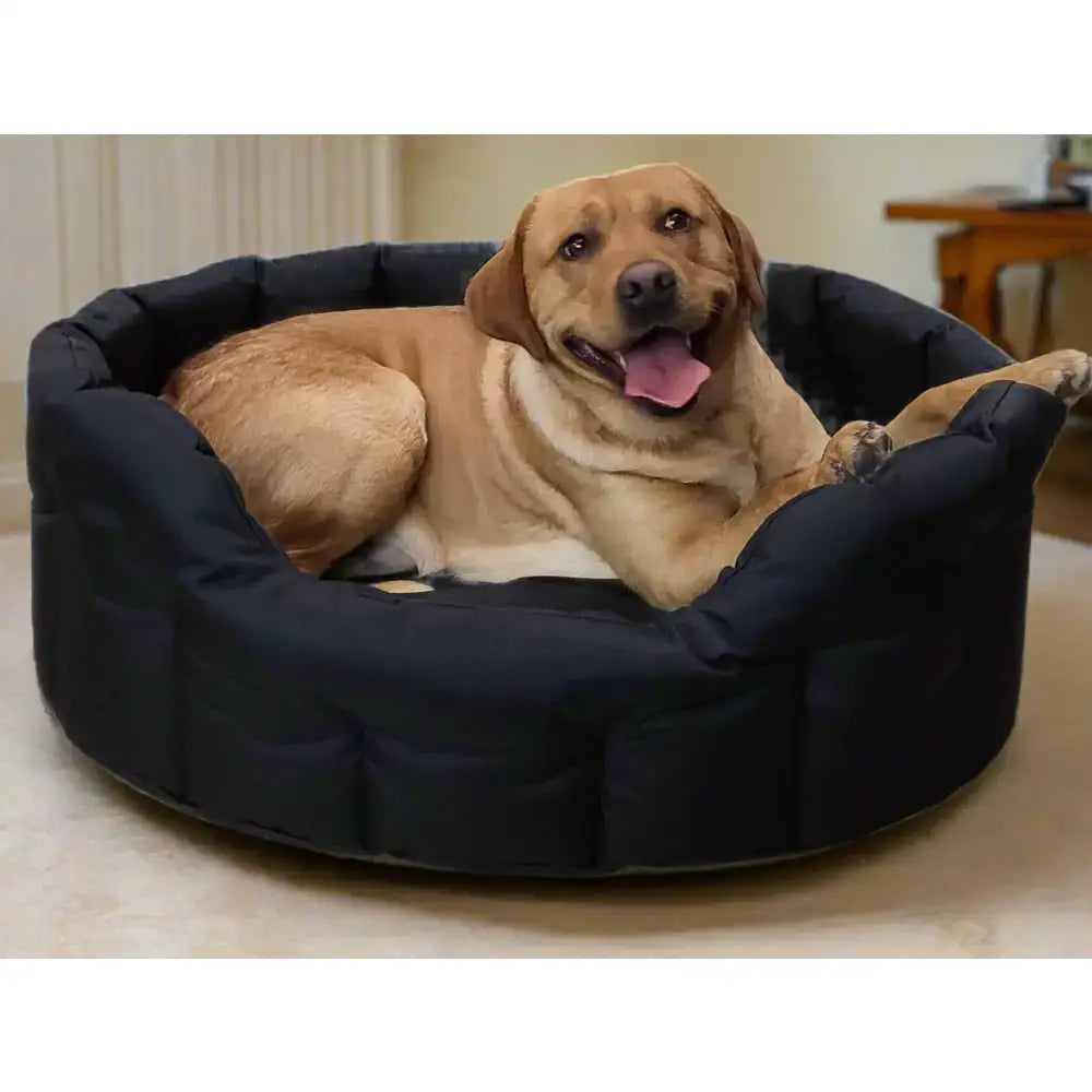 A cozy round navy blue country dog tough heavy duty oval waterproof dog bed with a soft cushioned interior