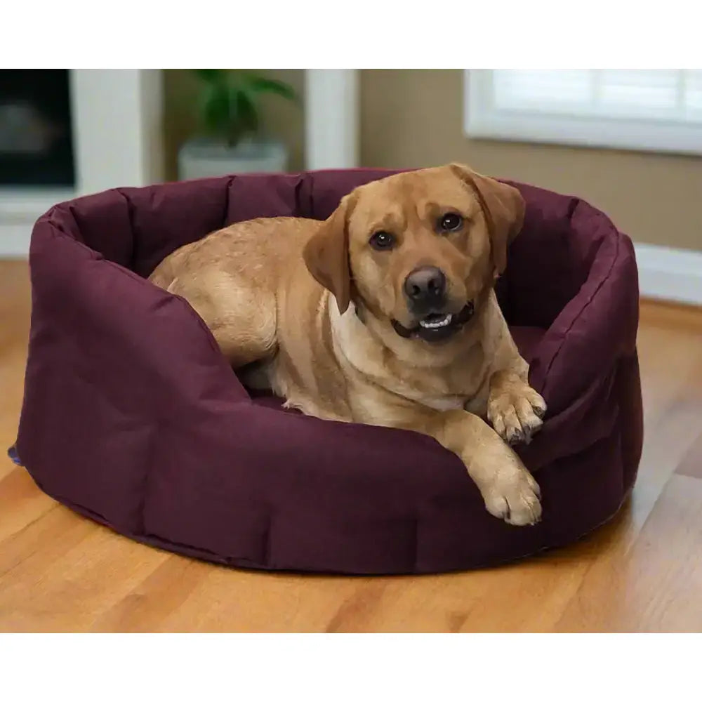 A plush deep maroon country dog tough heavy duty oval waterproof dog bed with soft padded interior and reinforced stitching