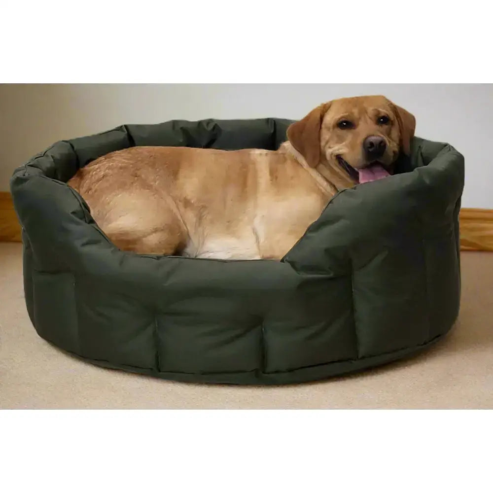 Olive green plush country dog tough heavy duty oval dog bed with quilted seams and waterproof sides