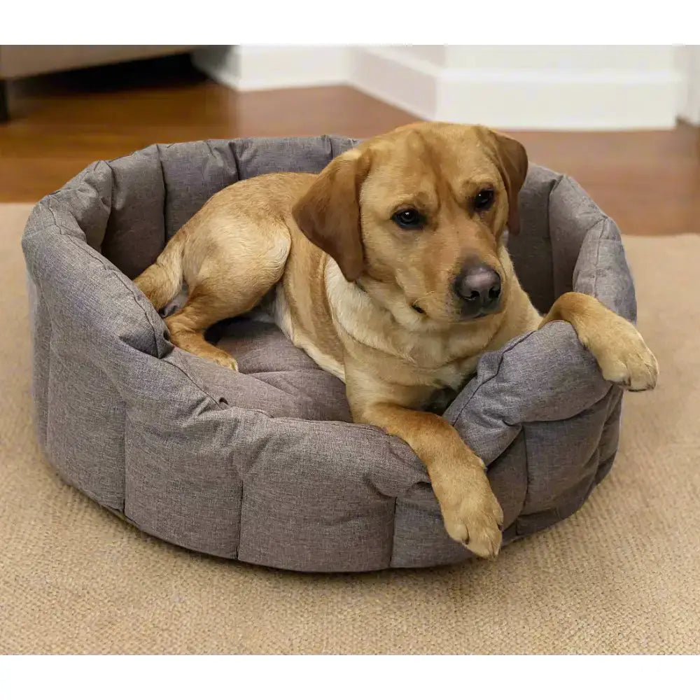 Gray quilted fabric country dog tough heavy duty oval waterproof dog bed with high sides for durability and comfort