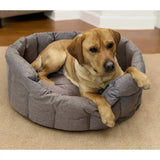 Gray quilted fabric country dog tough heavy duty oval waterproof dog bed with high sides for durability and comfort