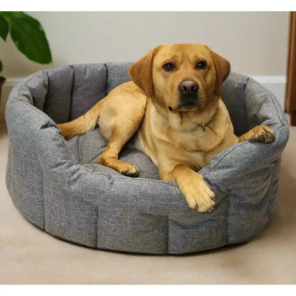 Gray textured fabric country dog tough heavy duty oval waterproof dog bed with rounded cushioned high sides