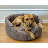 Cozy gray quilted country dog tough heavy duty oval dog bed with plush cushioned interior and waterproof sides
