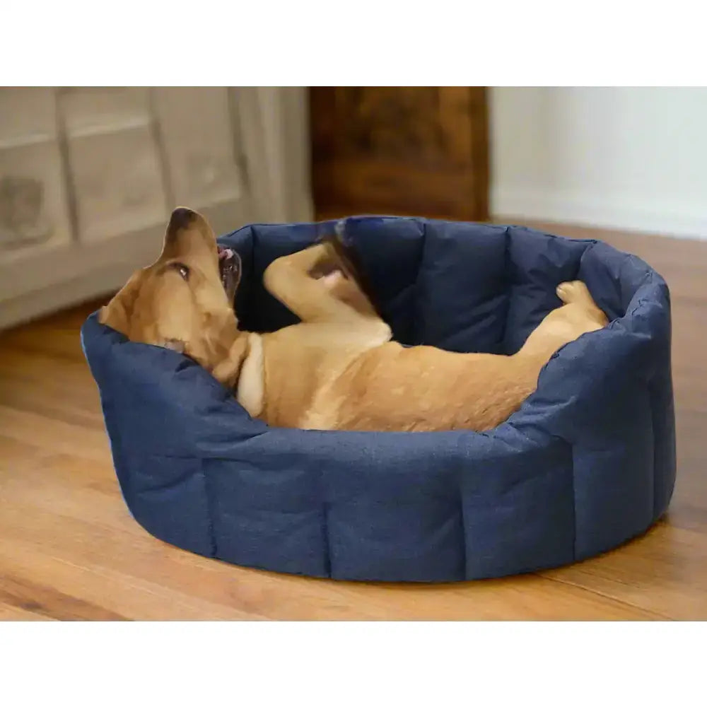 Navy blue quilted country dog tough heavy duty oval waterproof dog bed for durable outdoor comfort
