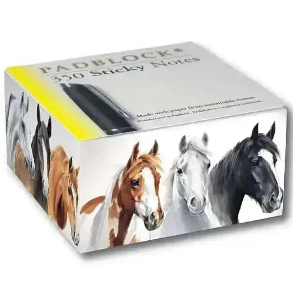 White and yellow padblocks sticky notes box with 350 repositionable sticky note pads featuring horse faces