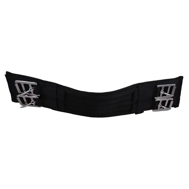 Black elastic padded dressage girth with silver geometric metal buckles for comfortable dressage riding