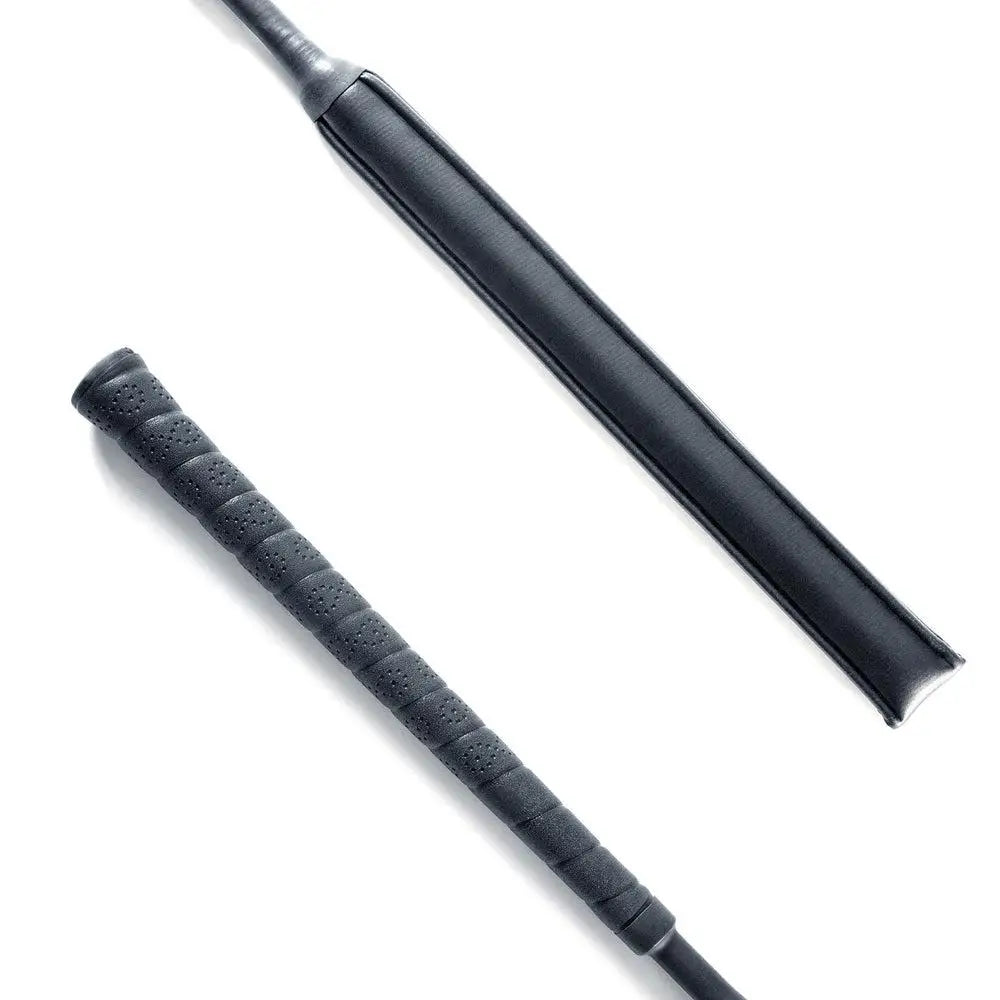 Black leather padded event bat with textured grip and padded handle for comfortable riding use