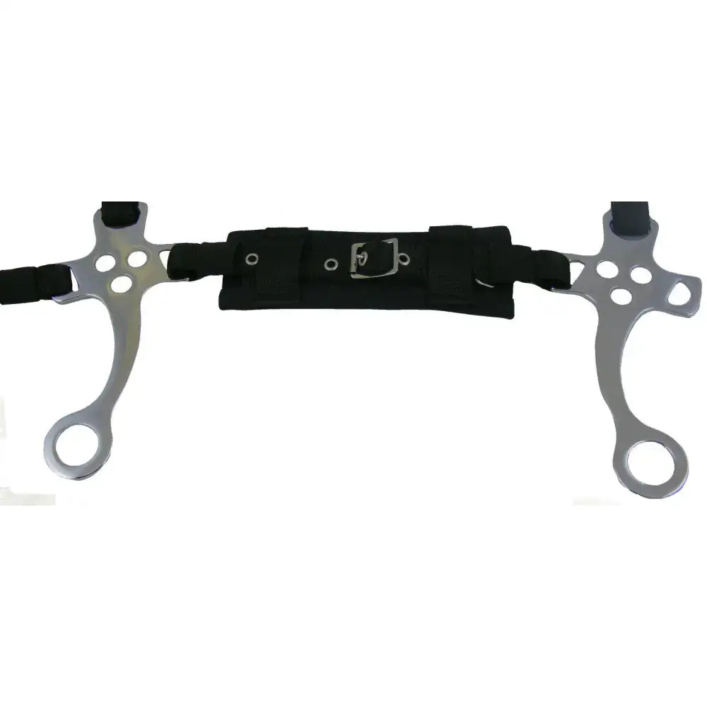 Silver metal padded hackamore nose unit with black padded straps and buckle featuring spacer material by libbys padded hackamore