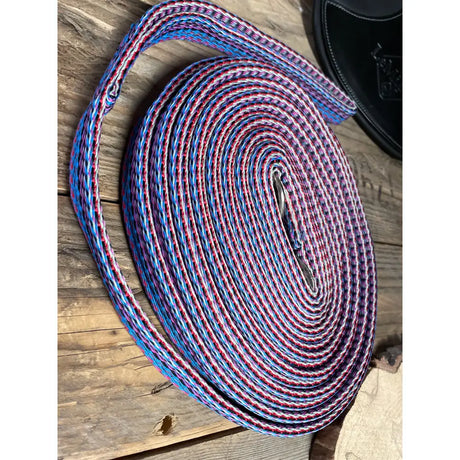 A coiled padded lunge line 8m in vibrant blue and pink braided design perfect for windsor padded lunge use