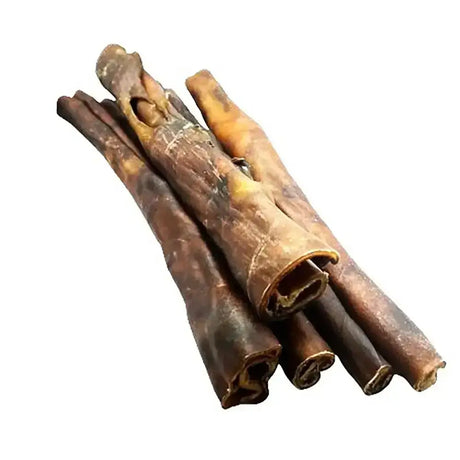 Brown rolled leather dog chews with natural texture and color variations in paddock farm camel skin roll