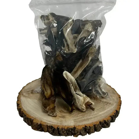 A clear plastic bag of dried dark brown and beige paddock farm hairy lamb ears mushrooms