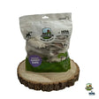 A clear pouch of paddock farm hairy rabbit ears dog treats showing natural textured farm hairy rabbit chews inside