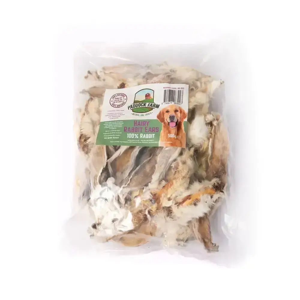 A clear plastic bag of paddock farm hairy rabbit ears dog treats in light brown and white for chewing fun