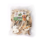 A clear plastic bag of paddock farm hairy rabbit ears dog treats in light brown and white for chewing fun
