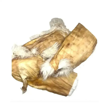 Brown textured leather dog treats with white fluffy trim from paddock farm hairy rabbit skin collection