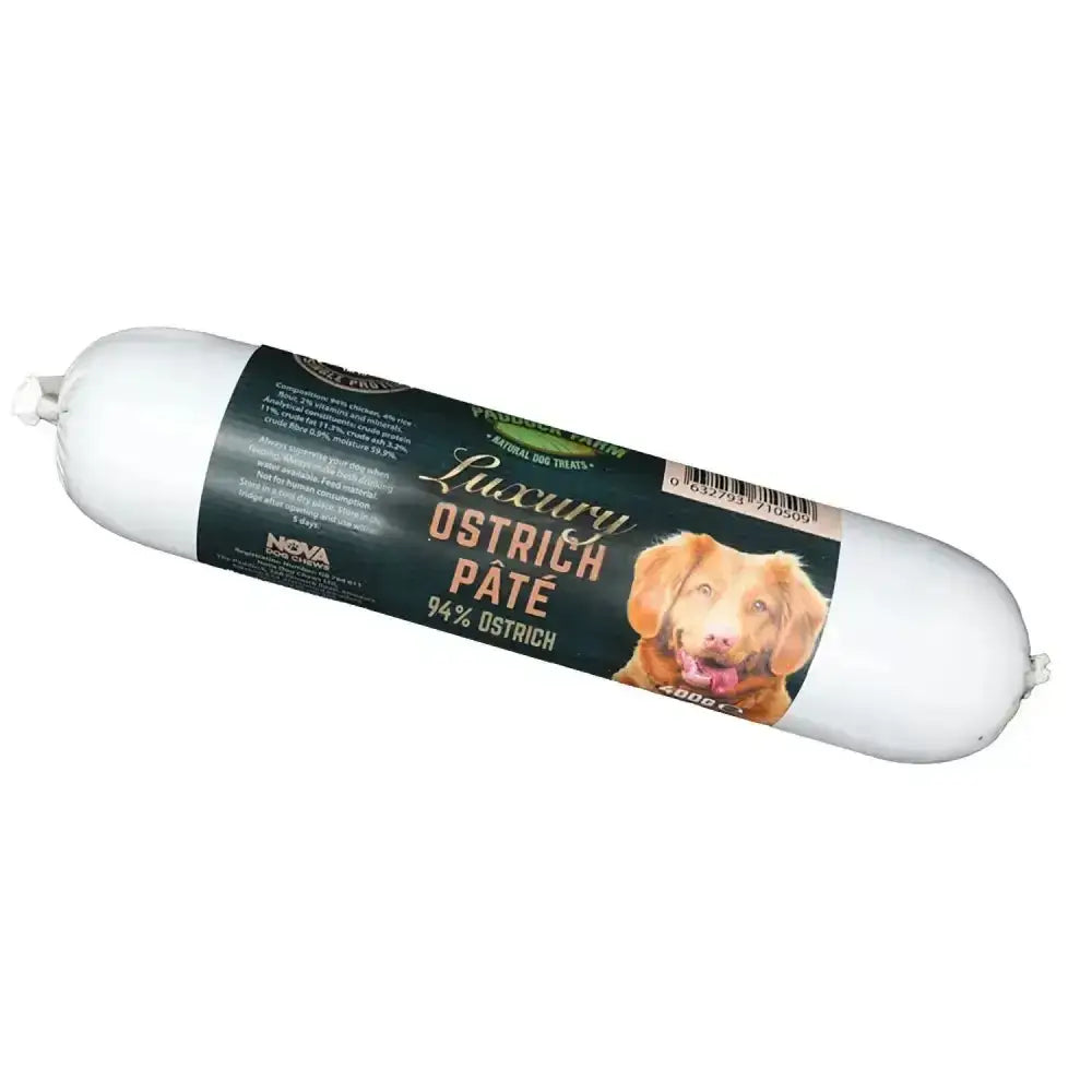 A white cylindrical package of paddock farm luxury ostrich pâté for dogs called farm luxury pate
