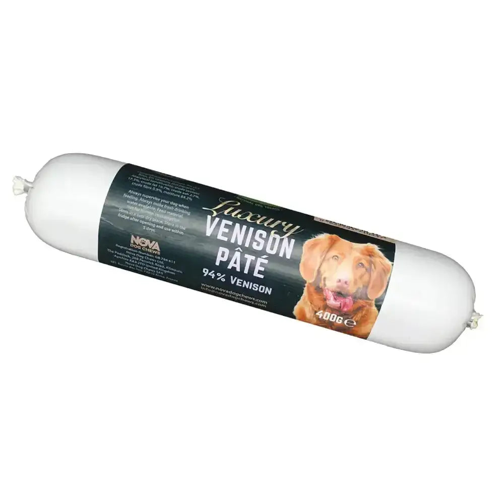 Paddock farm luxury white plastic wrapped 400g venison pâté sausage with black label featuring golden retriever image
