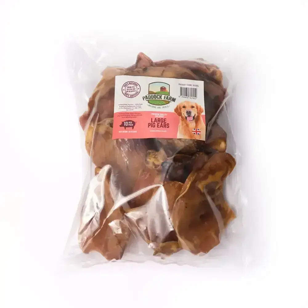 A clear plastic bag of paddock farm pig large brown dried farm pig ears treats called paddock farm pig ears