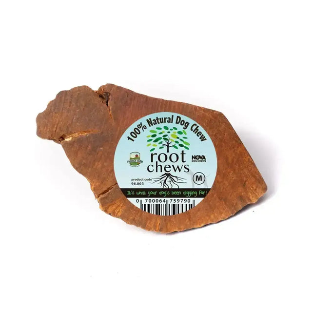 Brown paddock farm root chew made from natural root material with 100% natural dog chew label by nova dog chowers