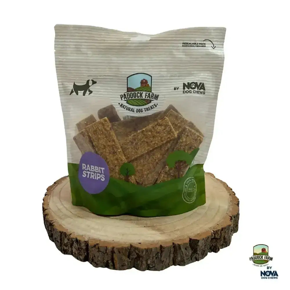 Paddock farm strips rabbit chews in a resealable green and beige bag by nova dog chews for tasty farm strips