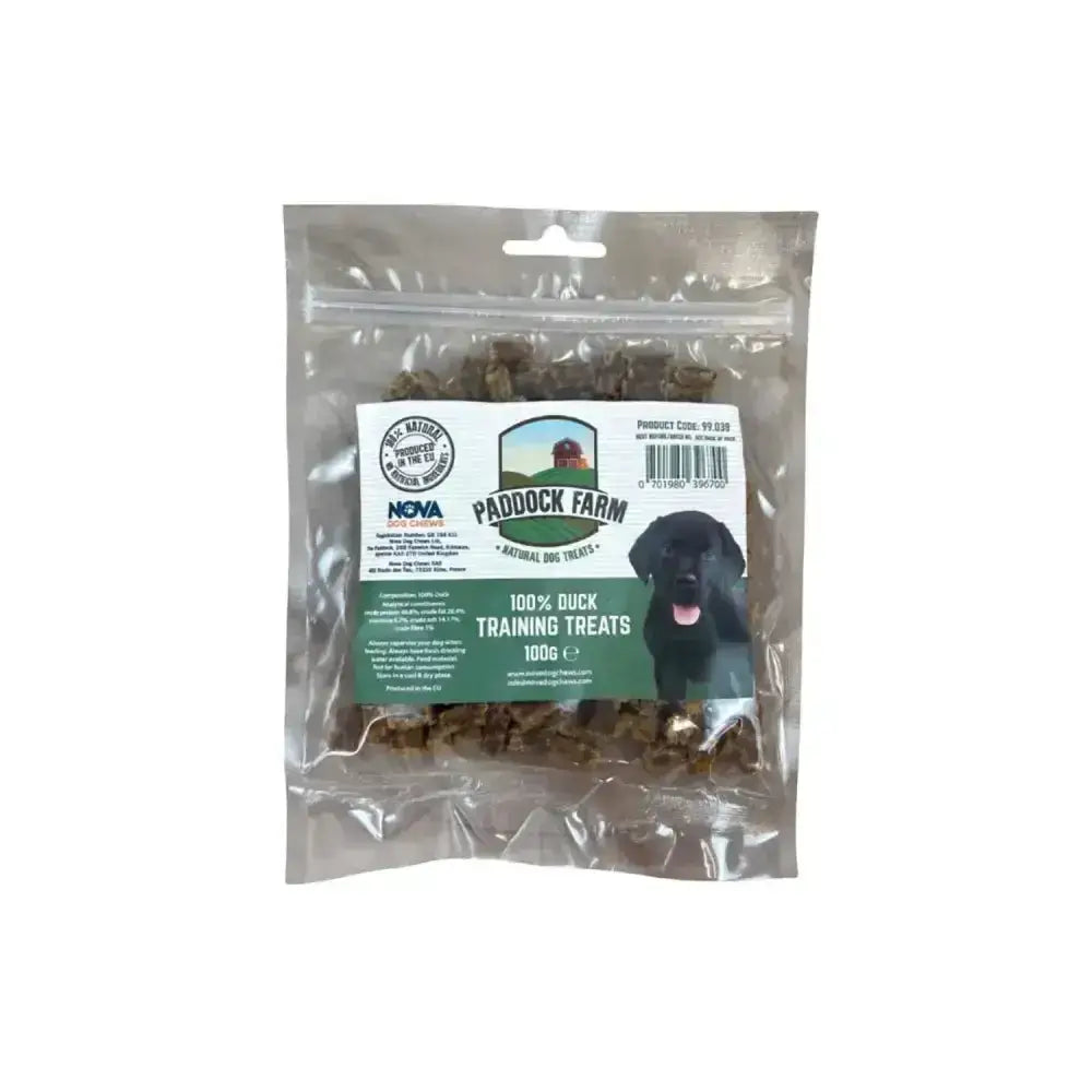 A clear plastic bag of 100g dark brown paddock farm training treats for dogs from paddock farm
